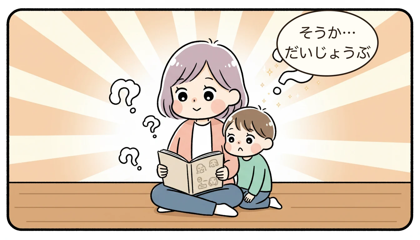 学童保育のよくある不安を本を開きながらひもといていく母子のコミックエッセイ風イラスト