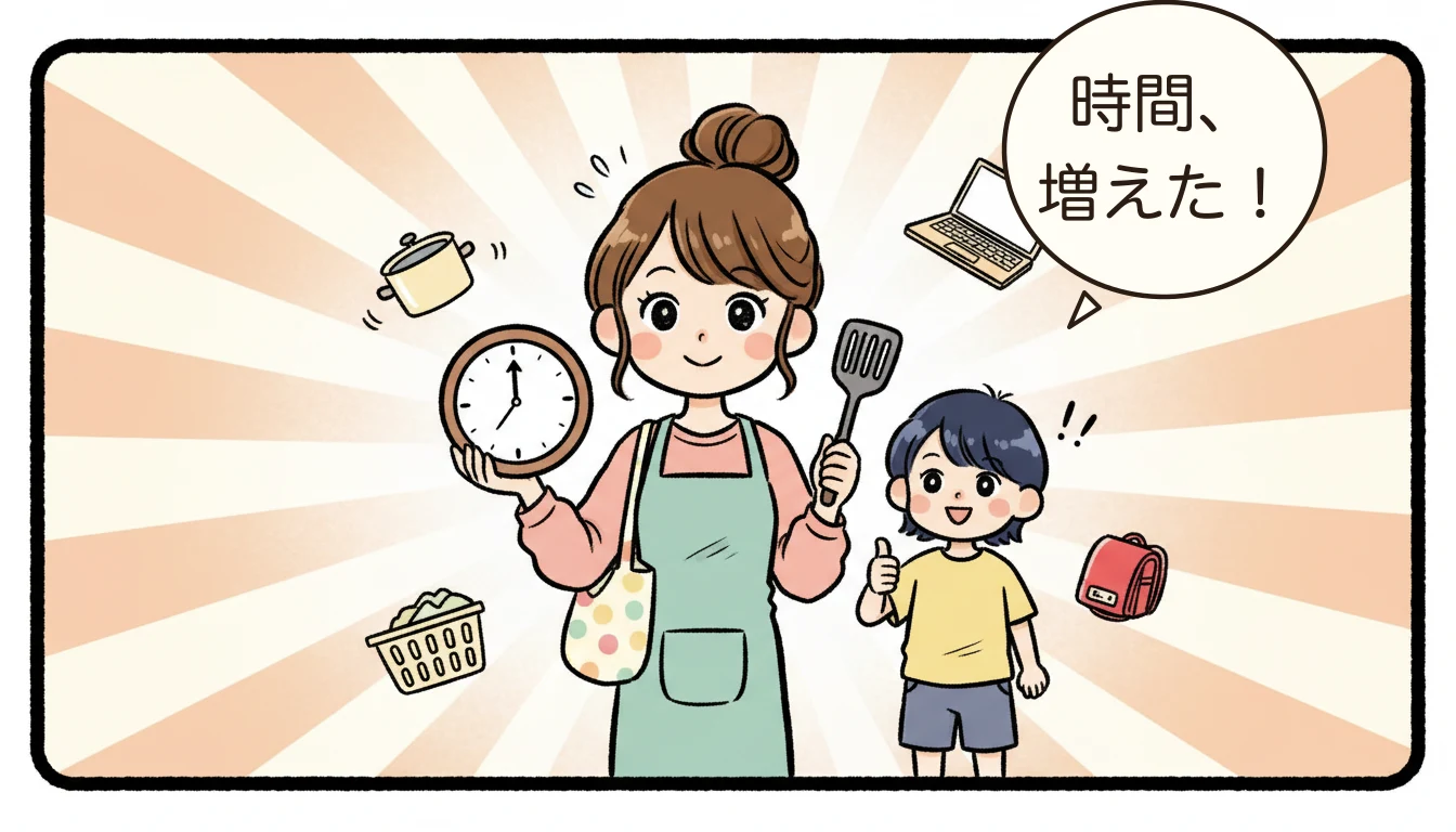 時計とフライ返しを持ち道具に囲まれる共働きママと、親指を立ててOKサインの子どもを描いたコミックエッセイ風イラスト